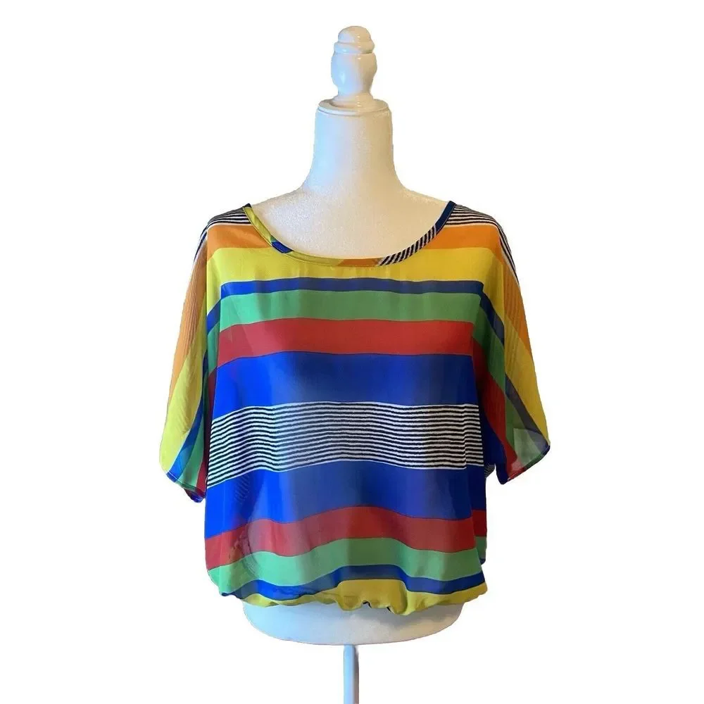 Pink Collection Size XL Cropped Top‎ Bright Stripes Sheer Cold Shoulder Flaw - Picture 2 of 9